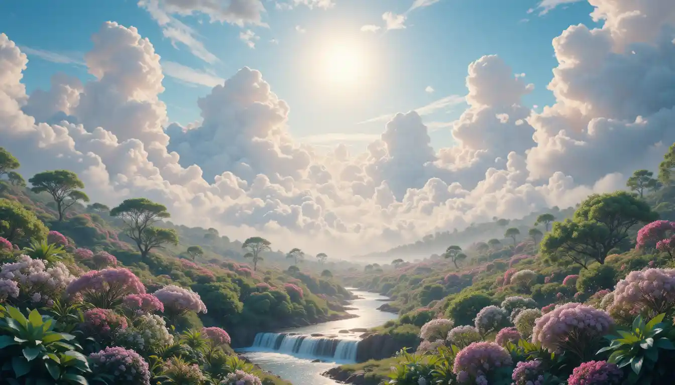 Stiller Himmel und Wolken über üppigen Bächen und Flora