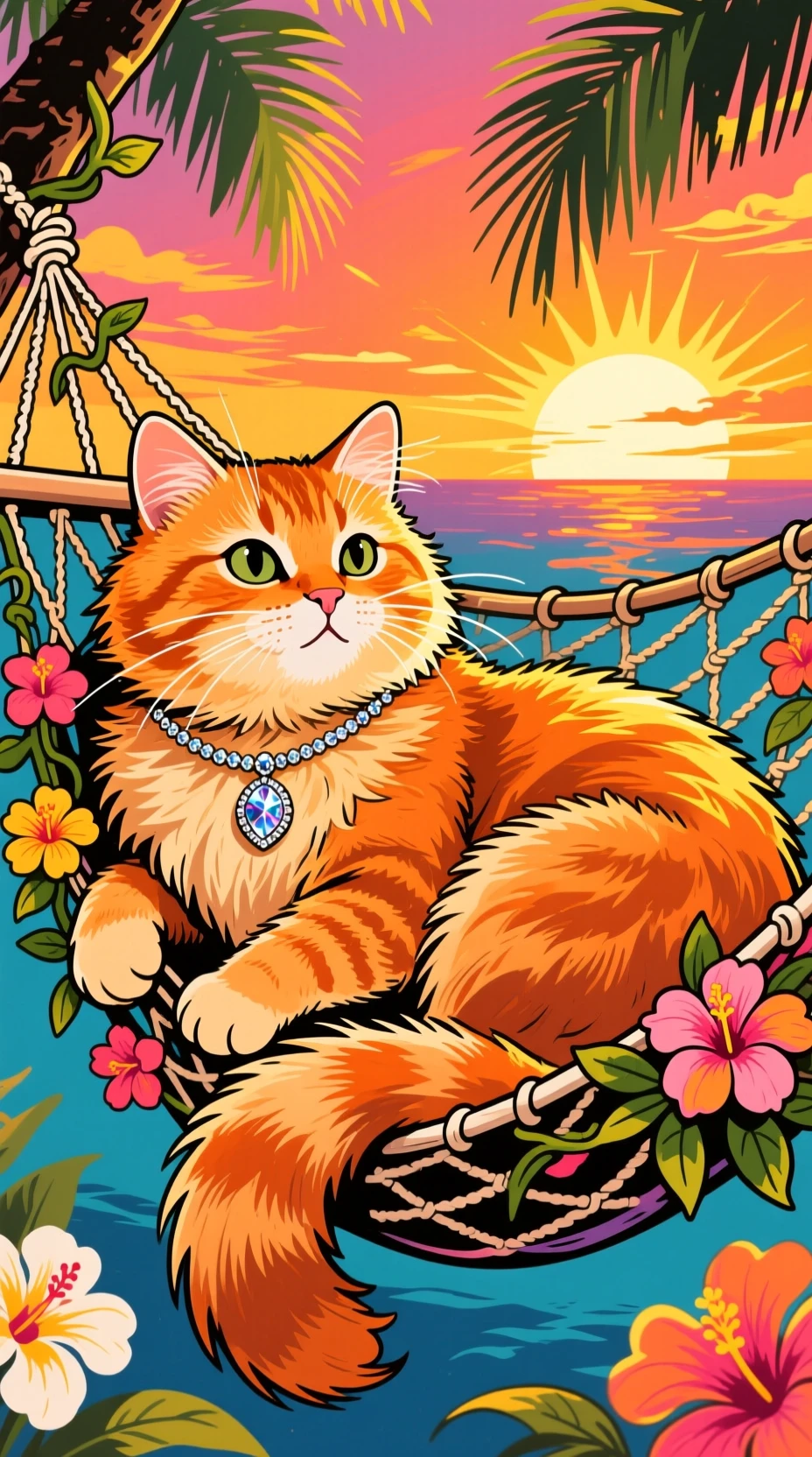 Gato laranja fofinho descansando em uma rede de vinhas floridas