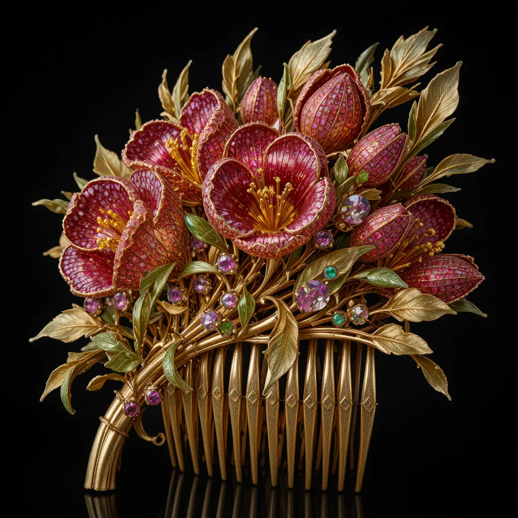 Gold gemstone hair comb with ruby and topaz freesias