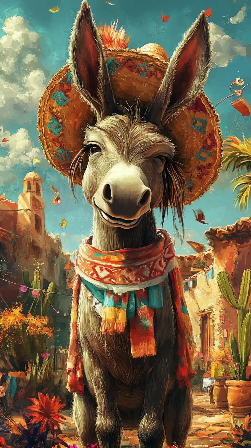 Happy fantasy donkey in a colorful mexican street scene