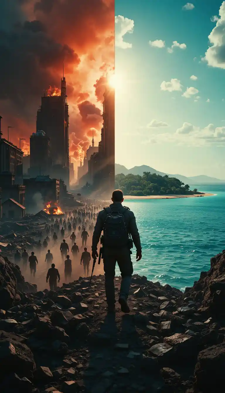 Traveler Standing Between Apocalypse City And Tropical Paradise