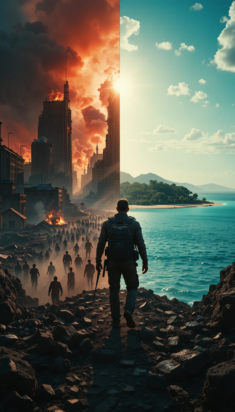 Traveler Standing Between Apocalypse City And Tropical Paradise