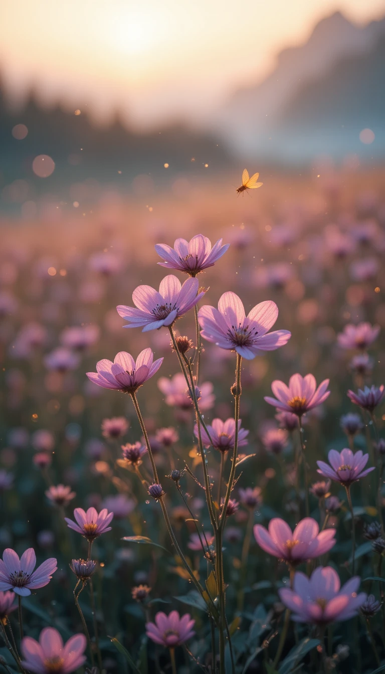 Close up pink wildflowers glowing softly at twilight