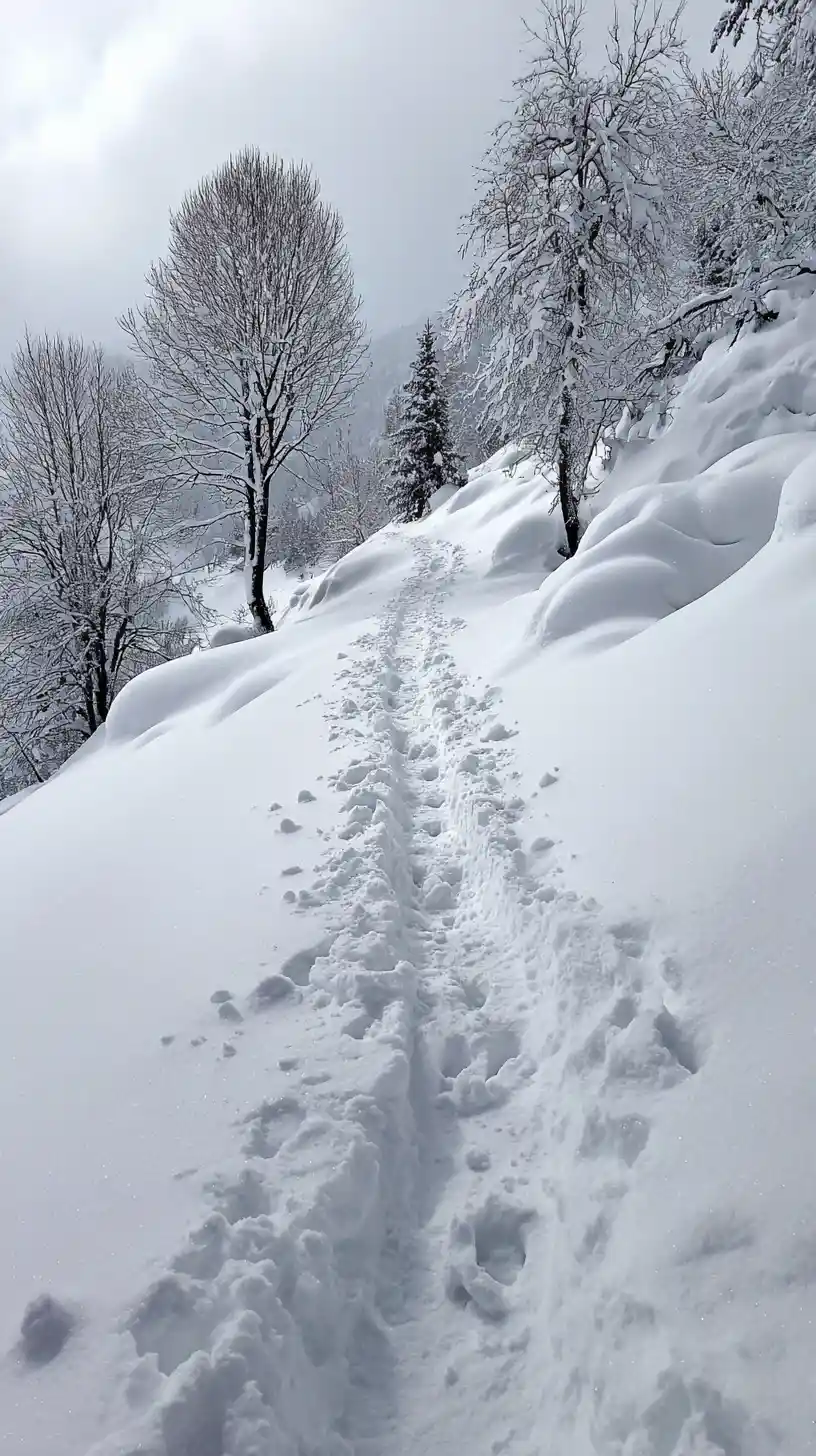 Footsteps Walking Forward Across A Quiet Snow Field