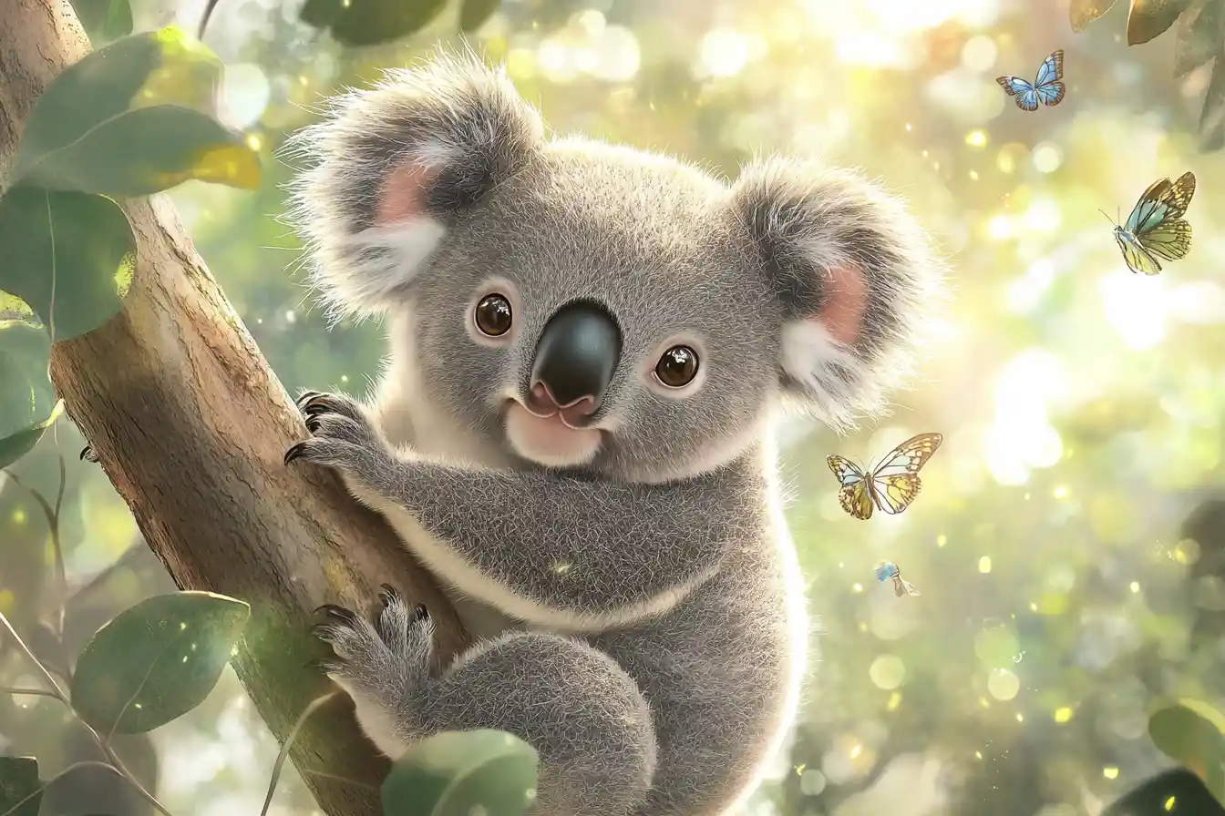 Chubby baby koala in watercolor forest with butterflies