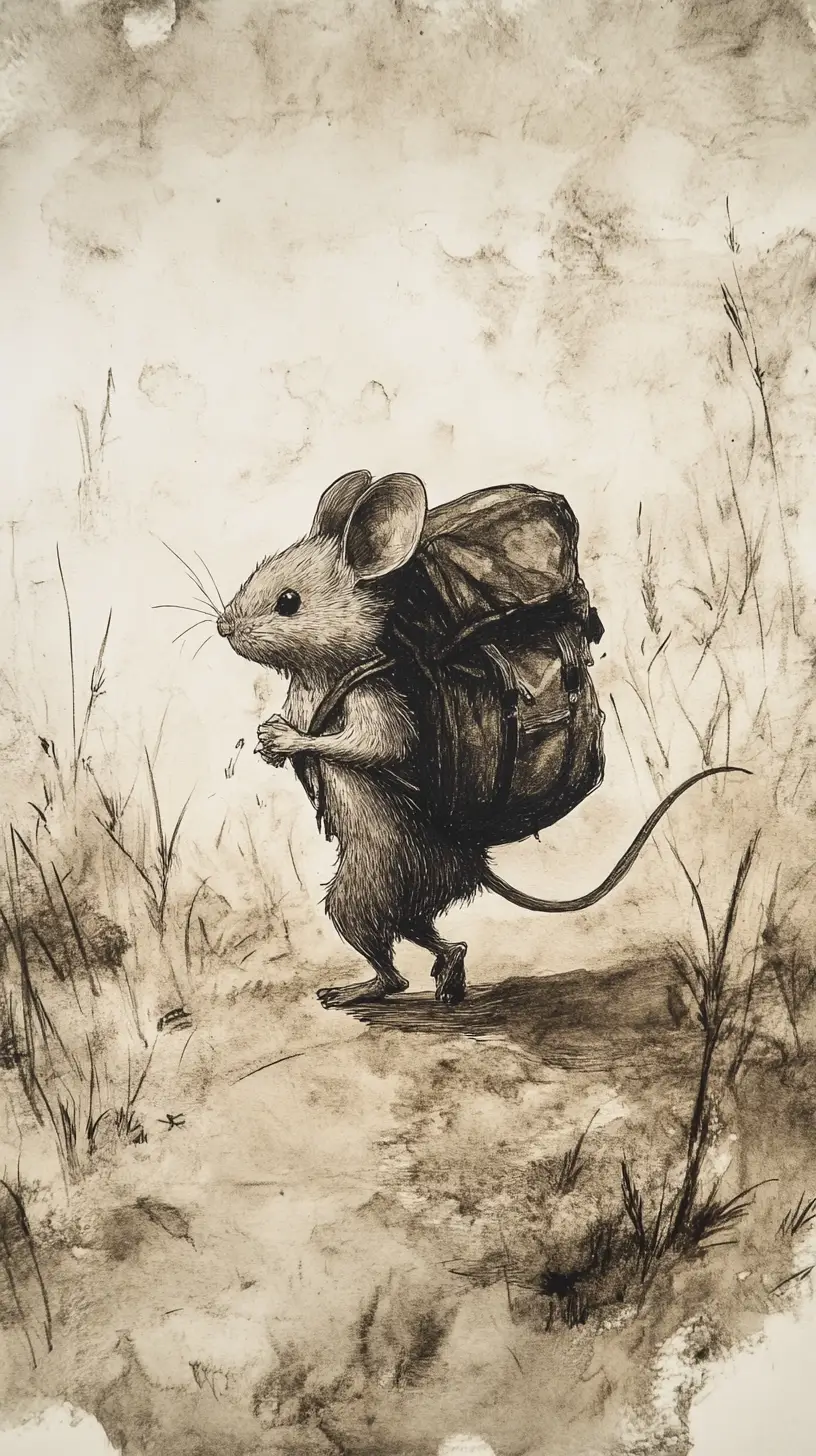 背著背包旅行的小老鼠墨畫插圖