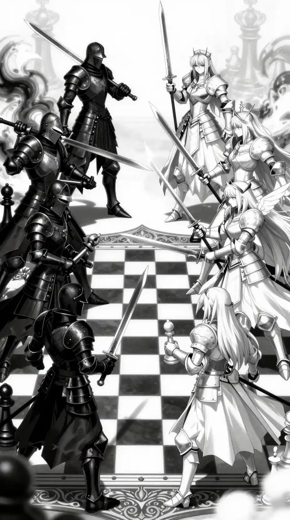 Anime Warriors As Chess Pieces On Epic Fantasy Board