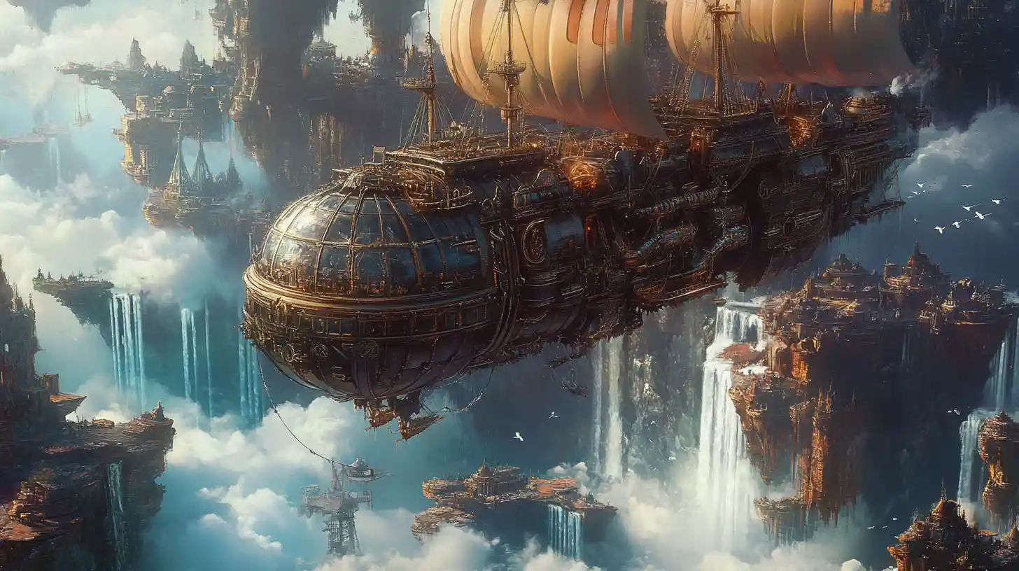 Dirigibile steampunk che salpa tra imponenti isole fluttuanti