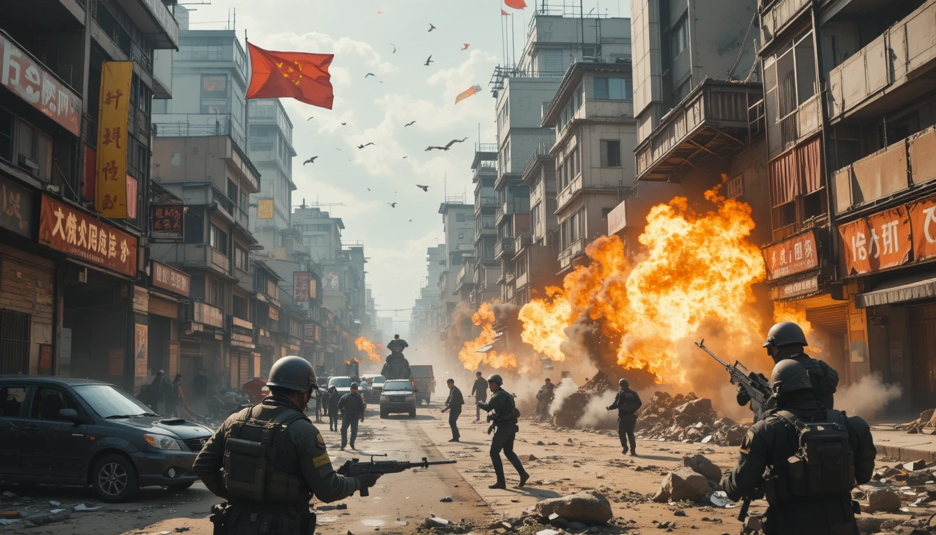 Rue de ville moderne ravagée par la guerre avec combats urbains intenses