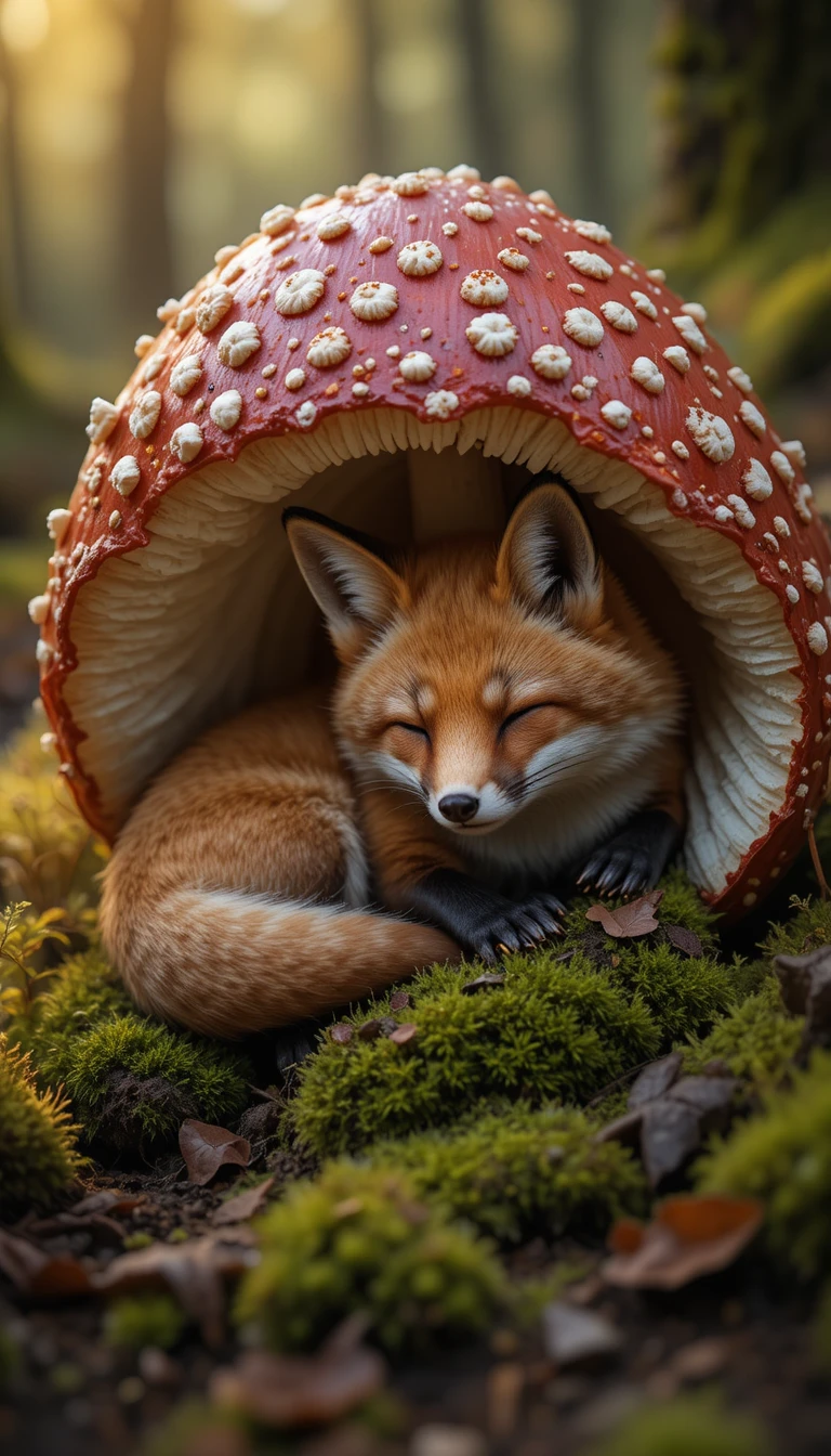 Piccola volpe che dorme dentro a un enorme cappello di fungo a pois