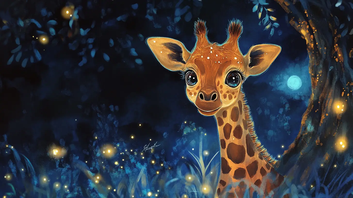 Dolce cucciolo di giraffa su un ramo nella magica savana notturna