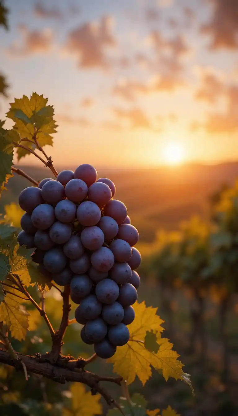 Close up grapes on a sunlit vine at dusk