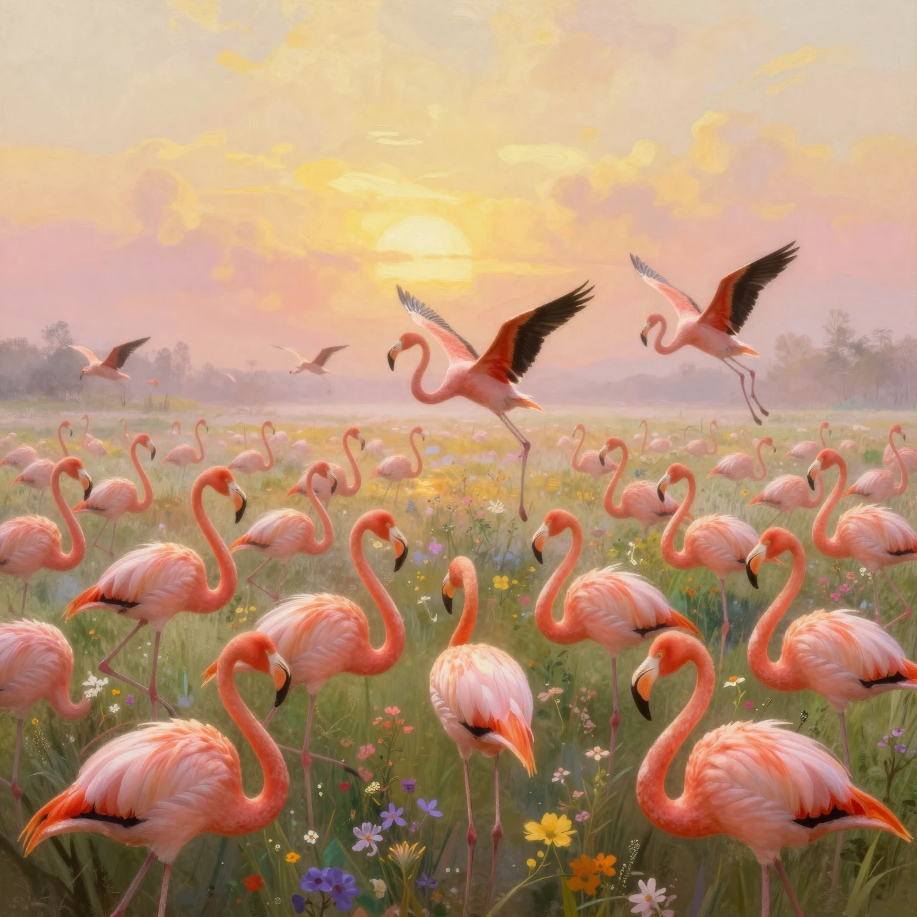 Flamingos oníricos em um vasto pântano de primavera ao pôr do sol