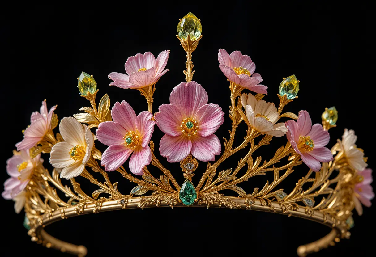Goldene Tiara mit Edelstein-Freesienblüten vor schwarzem Hintergrund