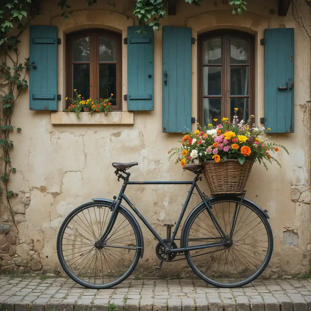 Bicicletta vintage con cestino di fiori contro il muro di una casa toscana