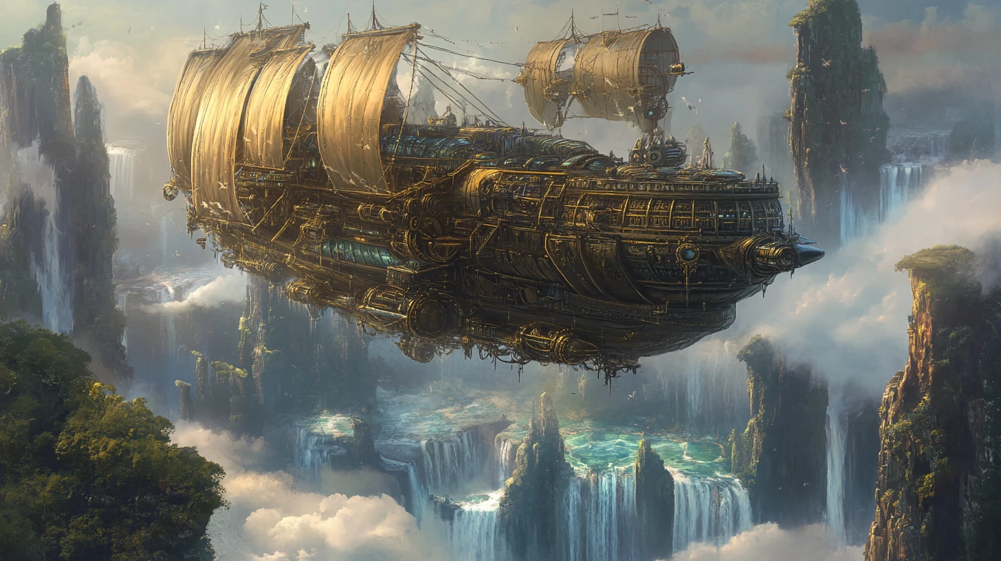 Dirigível steampunk navegando entre ilhas flutuantes gigantes