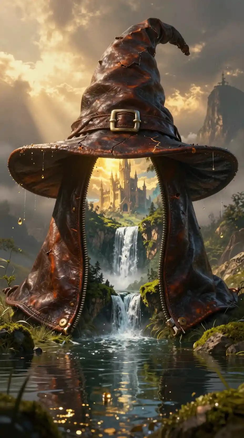 Surreal wizard hat portal opening onto hidden valley