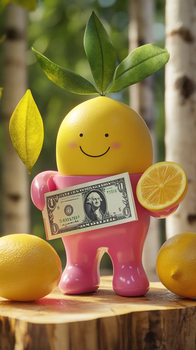 Niedlicher 3D-Cartoon-Charakter mit Geld und Zitronen