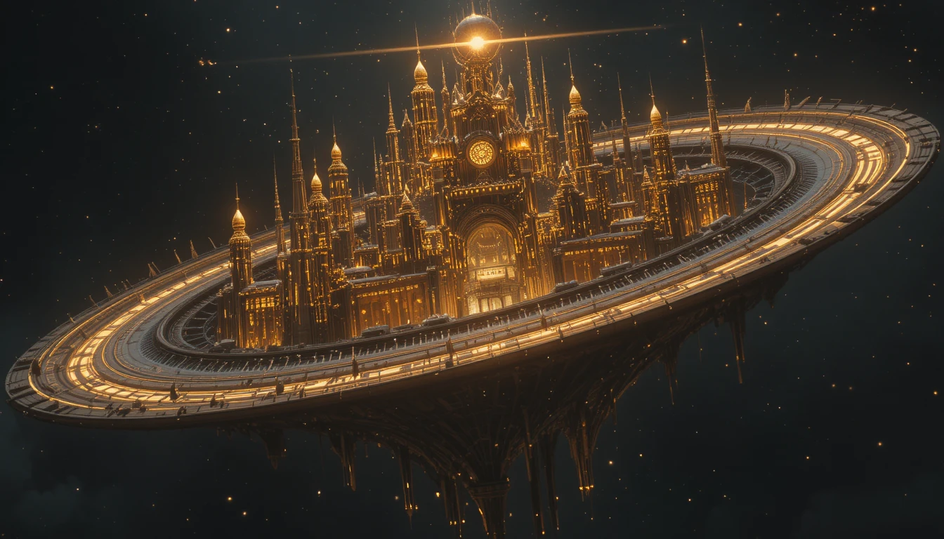 Città aliena celestiale scolpita in un guscio planetario cavo