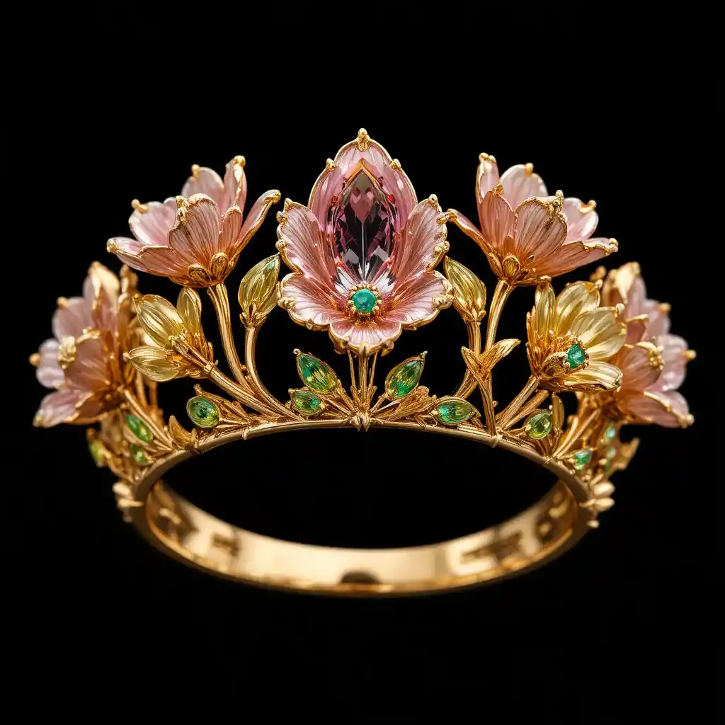 Anello d'oro con gemme floreali su sfondo scuro