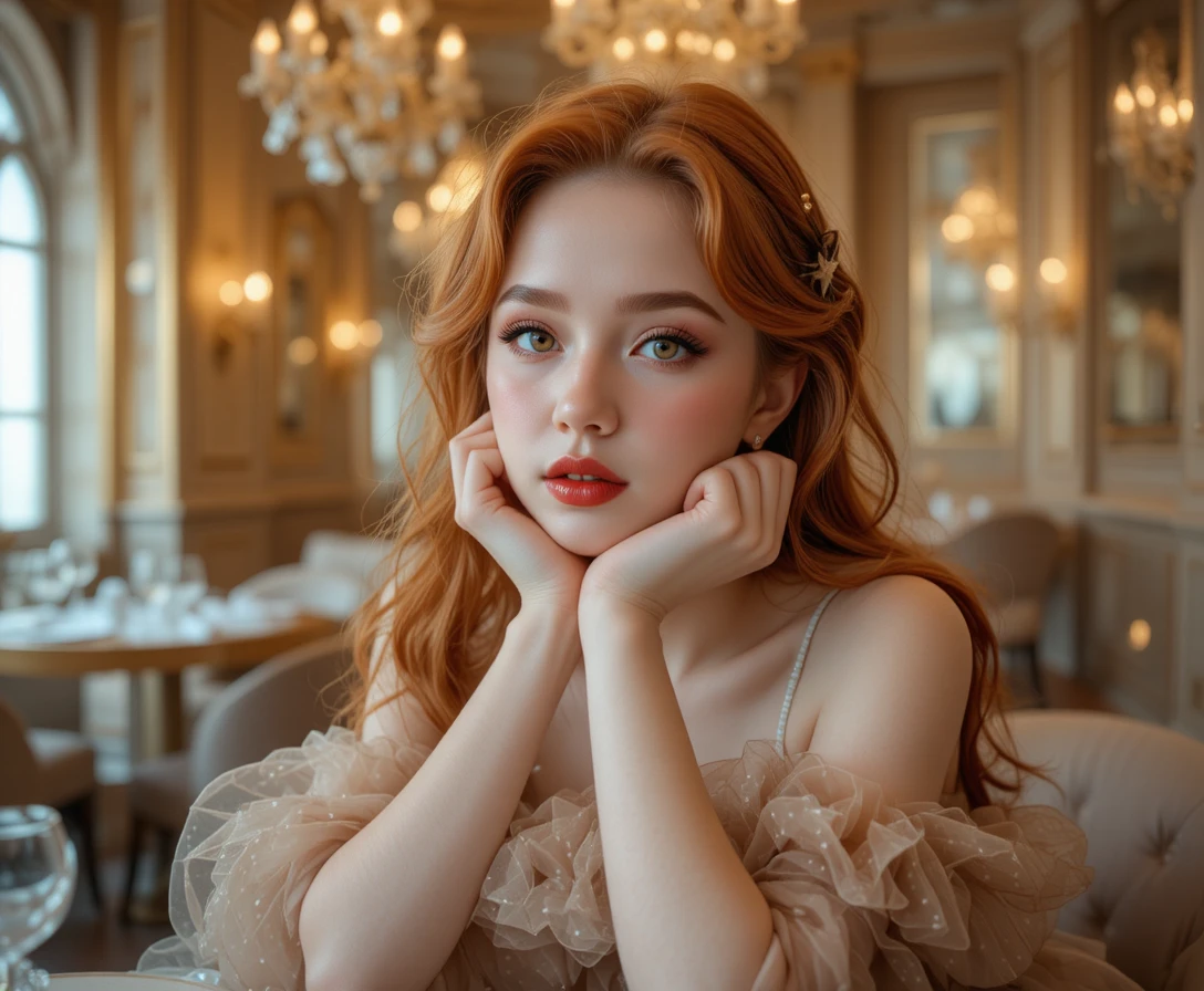 Mulher ruiva pensativa em um restaurante com iluminação suave