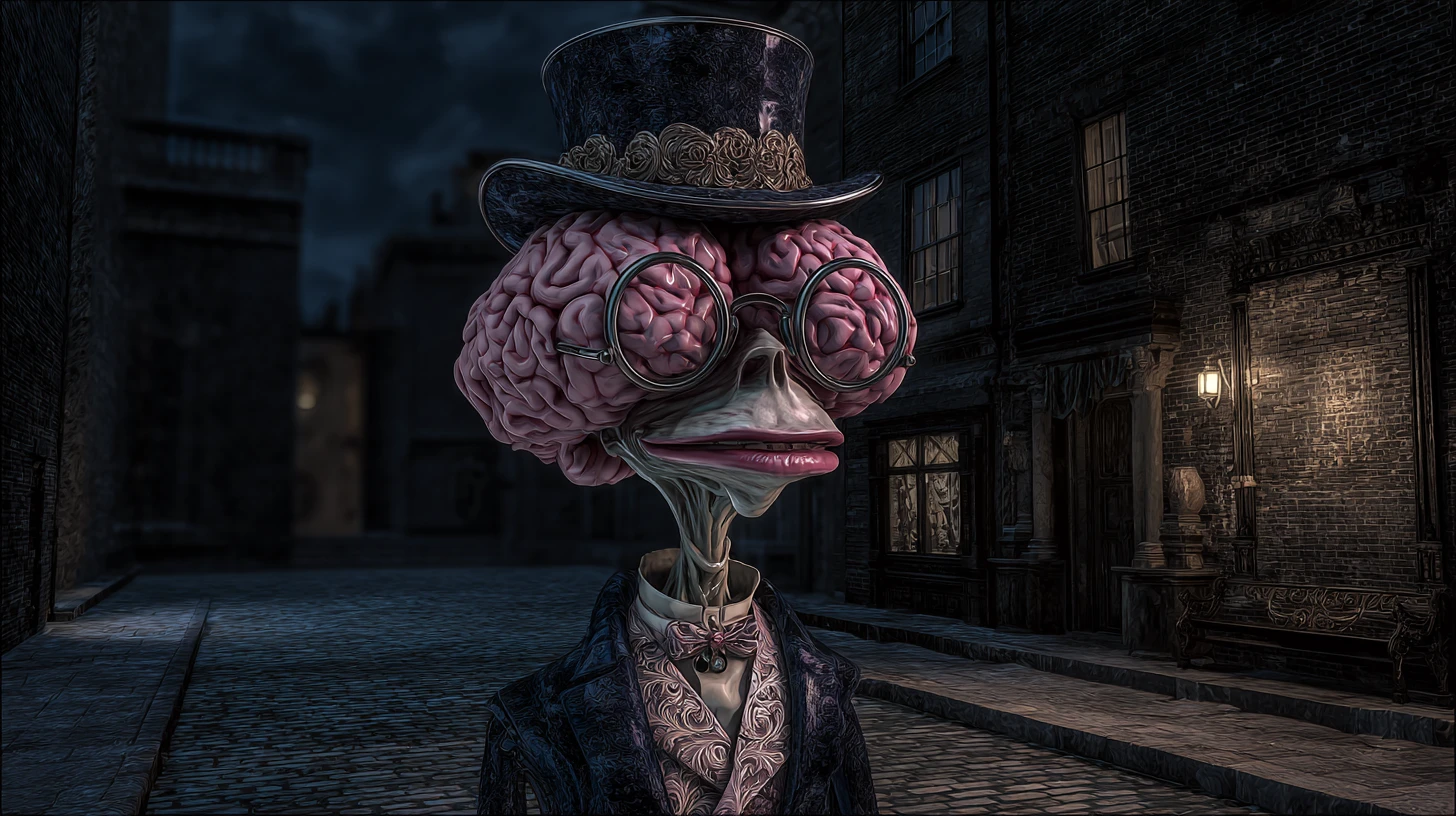 Dapper brain gentleman strolling through dark victorian london alleys