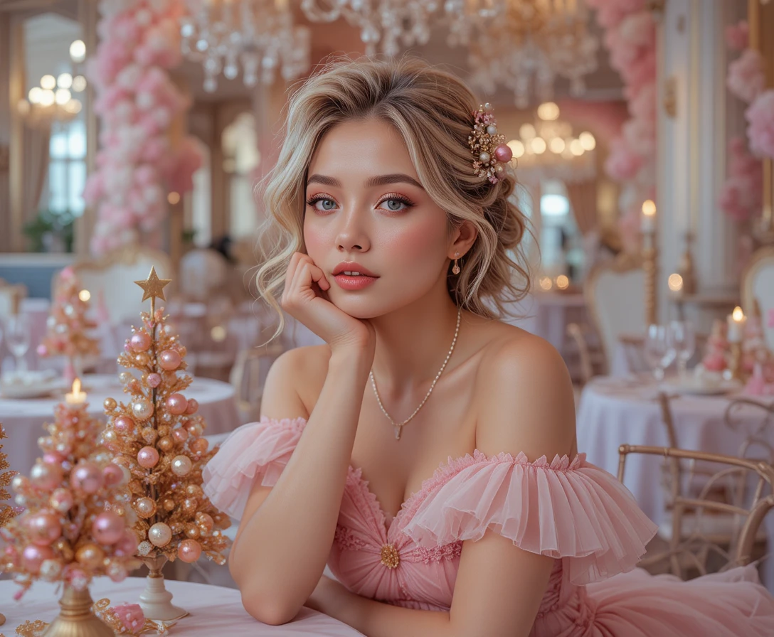 Thoughtful blonde woman at pink and gold restaurant table