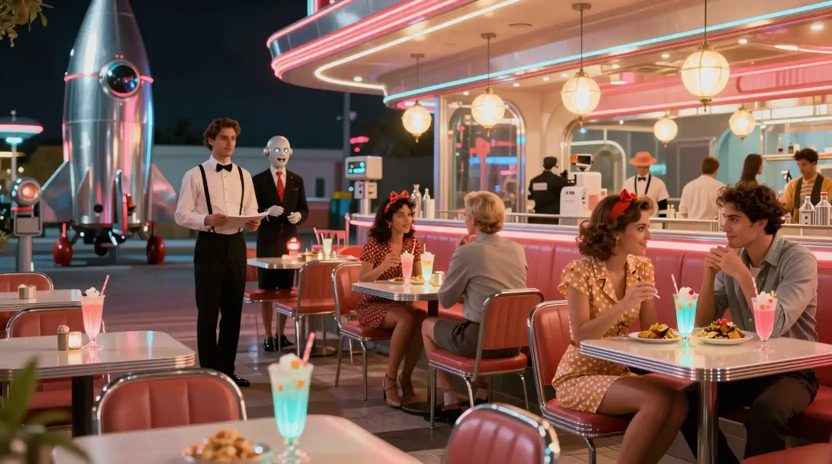 Retro futuristic 1950s diner with robots and neon glow