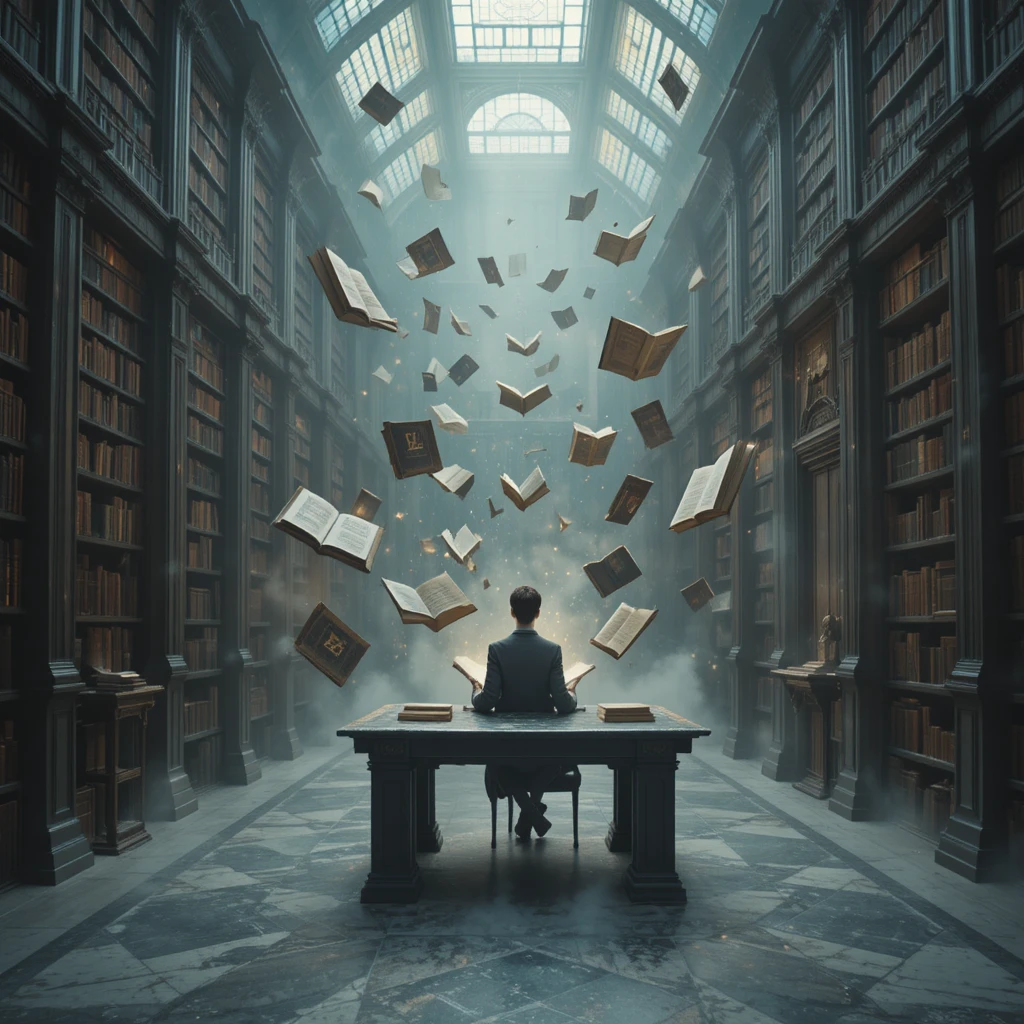 Surreale unendliche Bibliothek mit Leser an einem schwebenden Schreibtisch