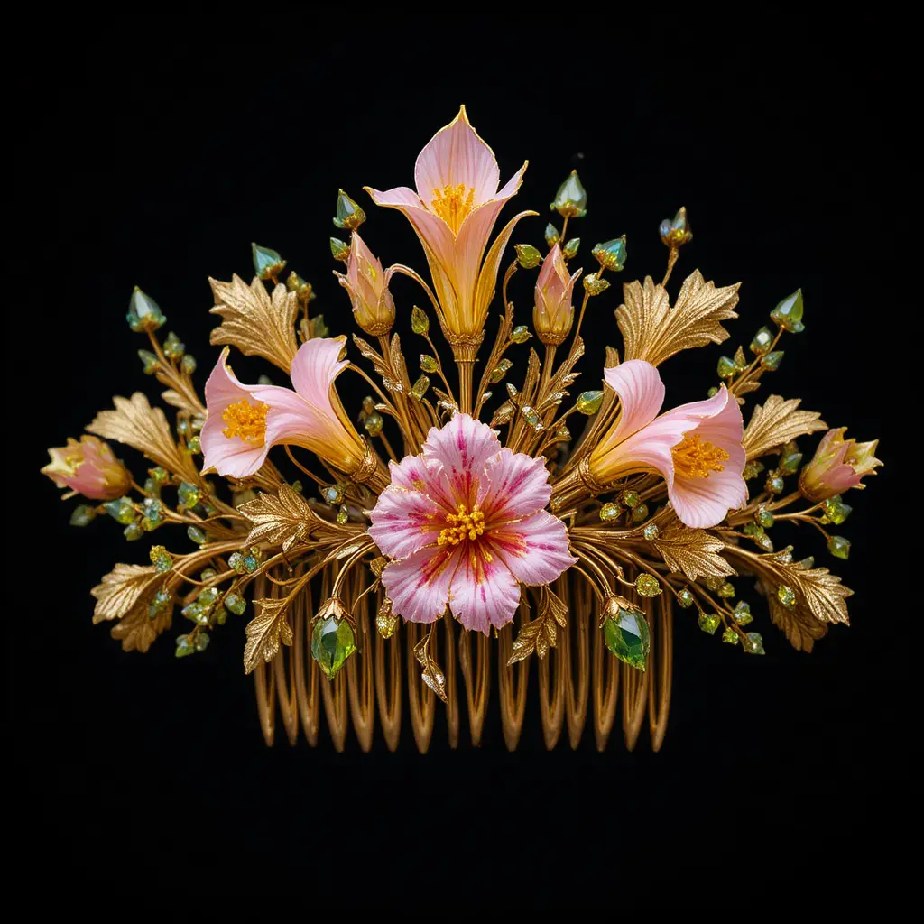 Gold floral hair comb with pink and yellow gemstones