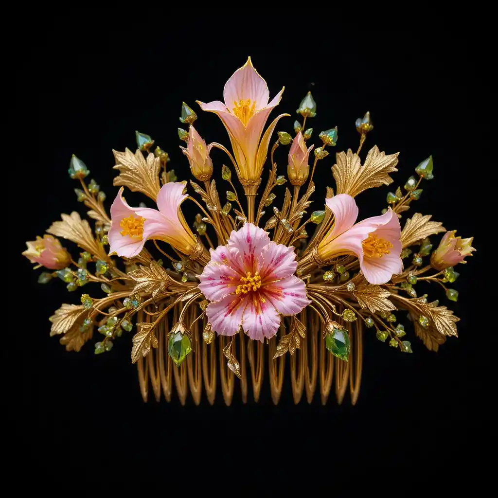 Gold floral hair comb with pink and yellow gemstones