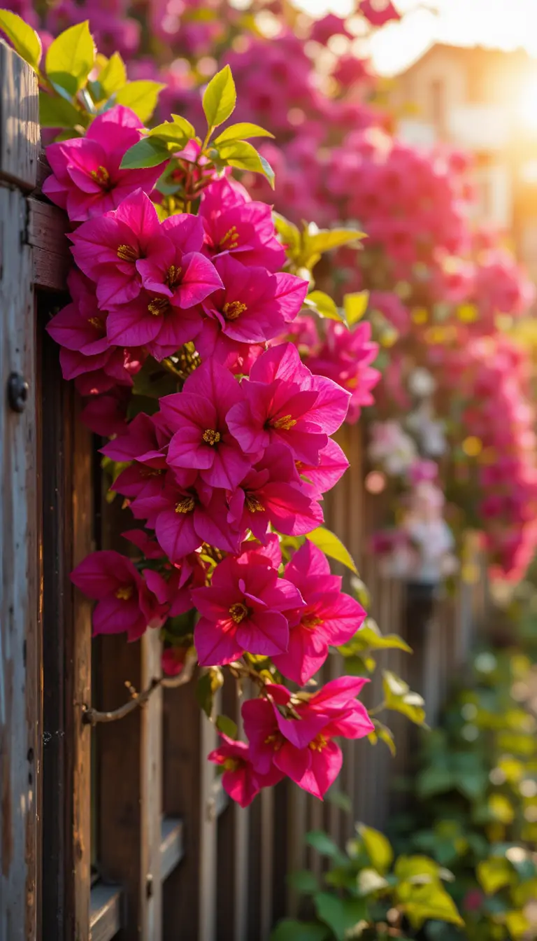 Flores de buganvília magenta brilhando contra uma cerca rústica