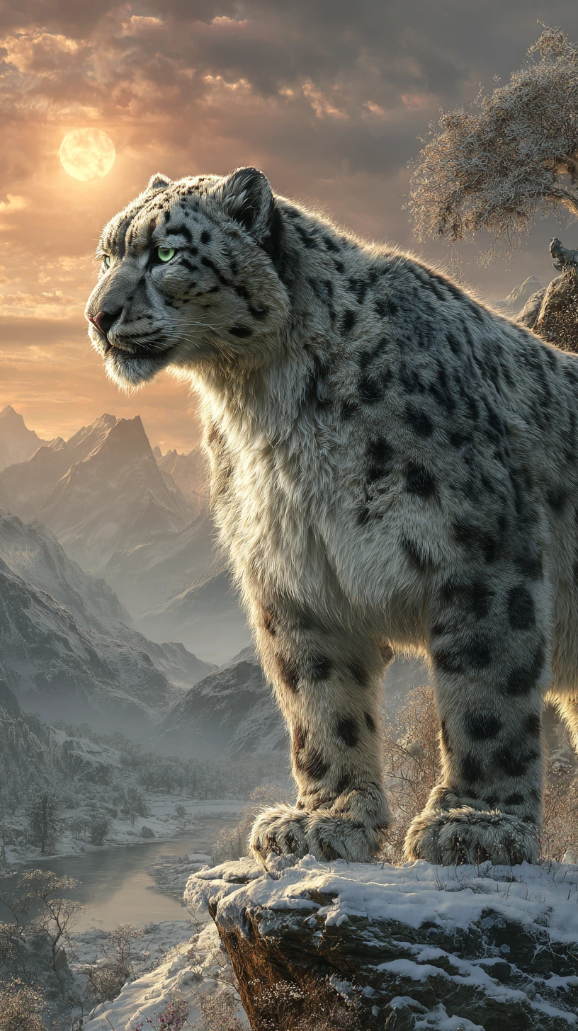 Snow leopard on snowy Swiss cliff under rising moon