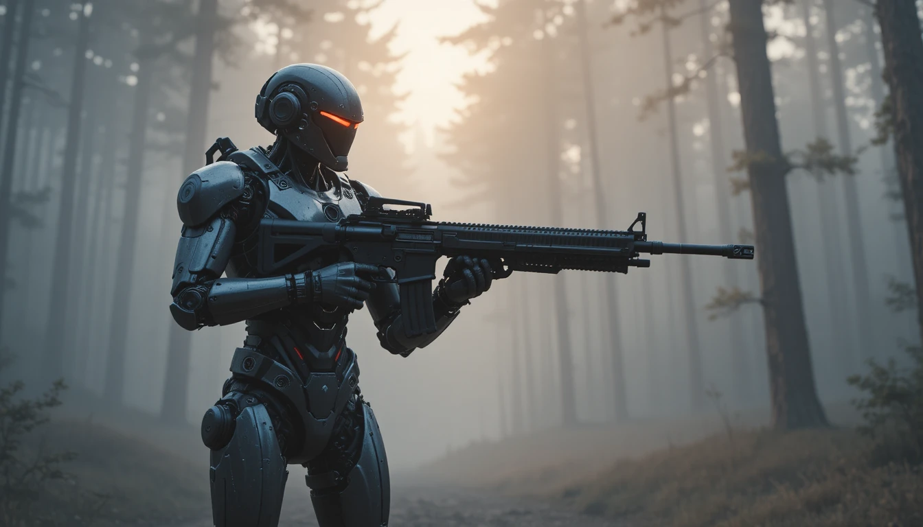 Futuristischer Kampfroboter bewacht einen nebligen Wald im Morgengrauen