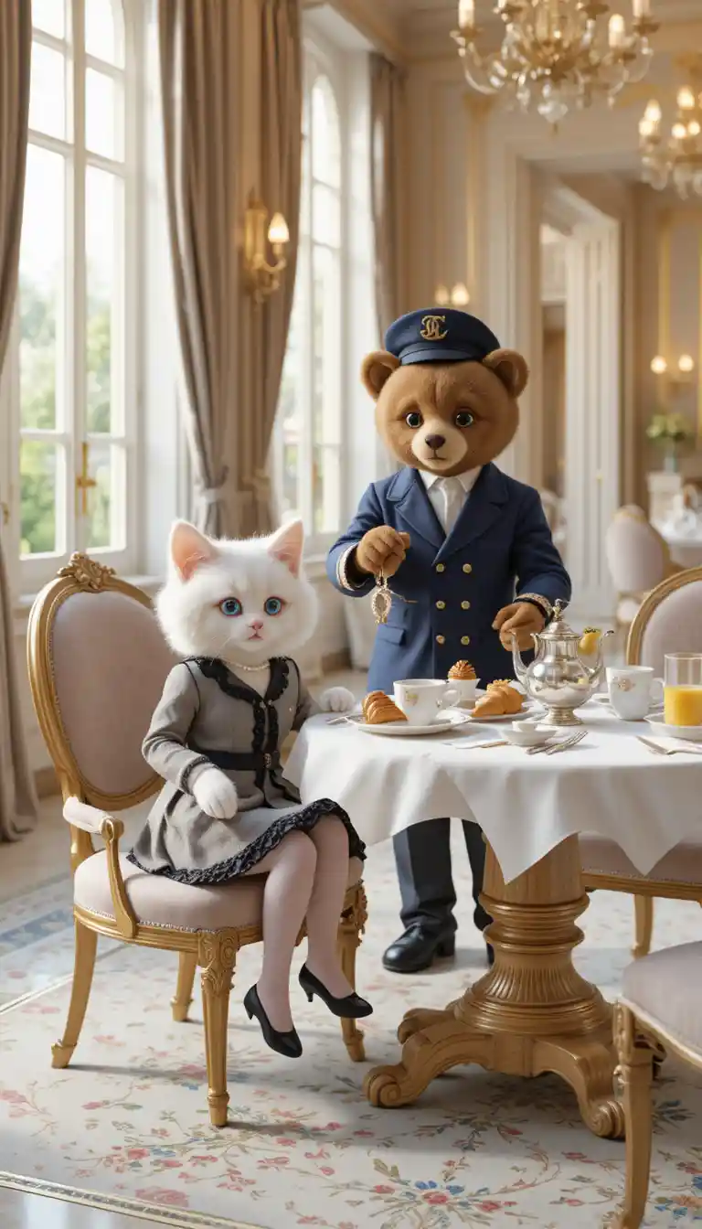 Tout petits chatons habillés prenant le petit-déjeuner dans une chambre parisienne luxueuse