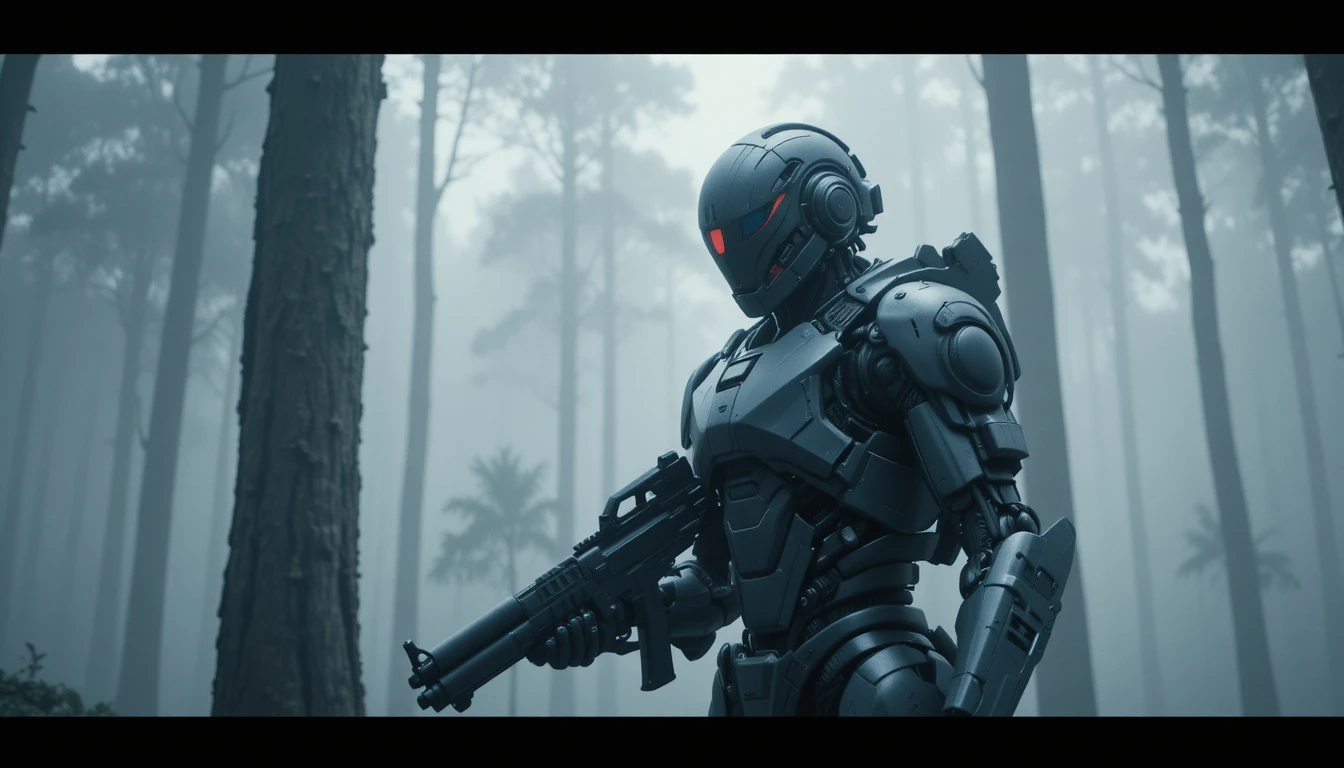 Bewaffneter humanoider Kampfrobot in einem nebligen Wald