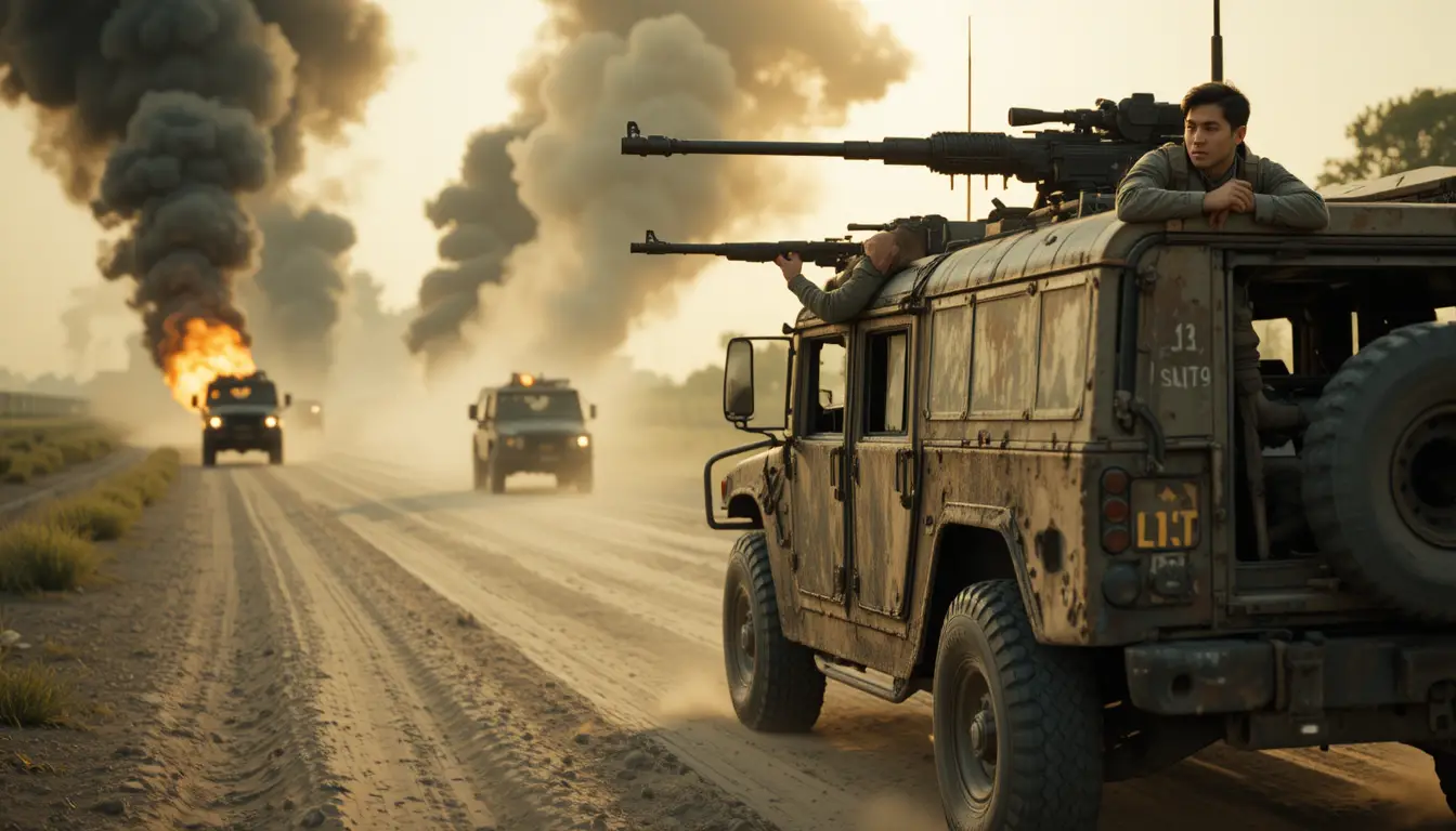 Armored humvee fires back on dusty road at sunset