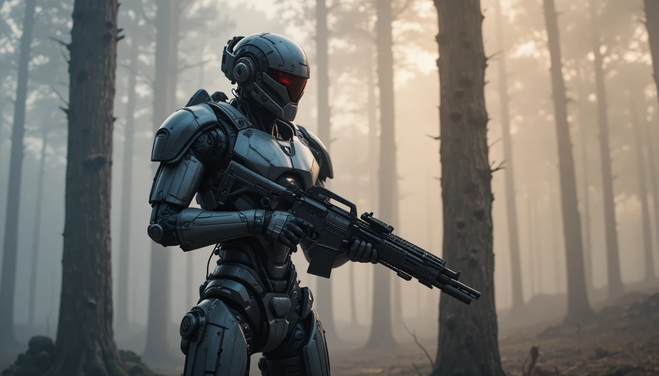 Robô de combate humanóide armado em uma floresta enevoada
