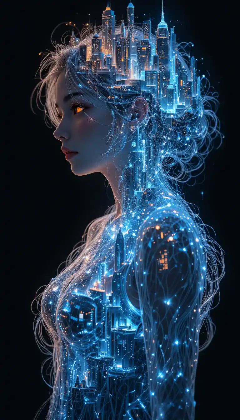 Anime girl with glowing cityscape hair in dark void