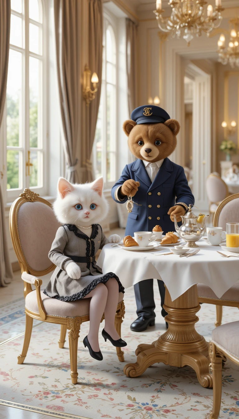 Pequenos gatinhos vestidos tomando café da manhã em um luxuoso quarto em Paris