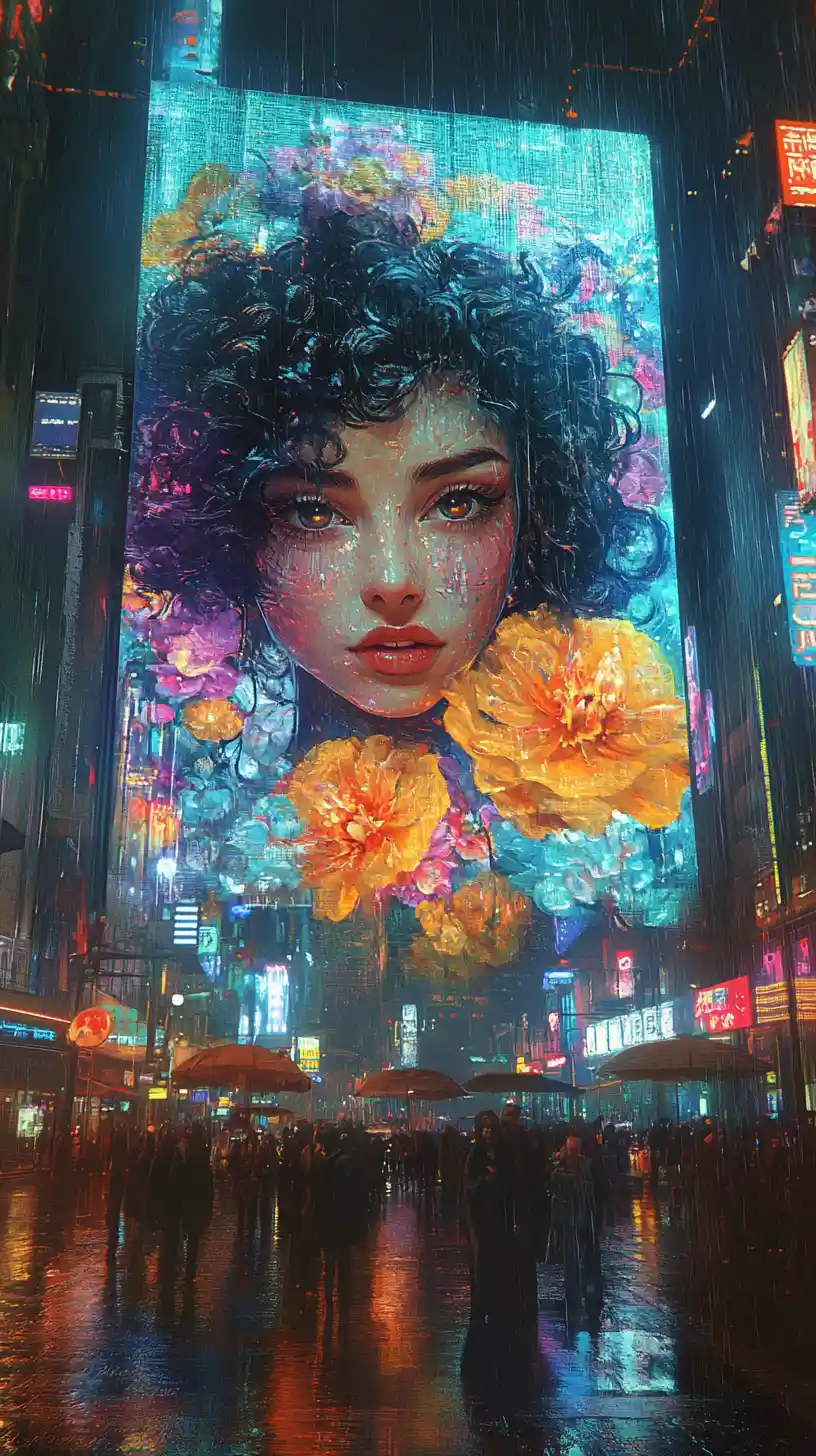 賽博龐克城市中霓虹看板上的神祕女子