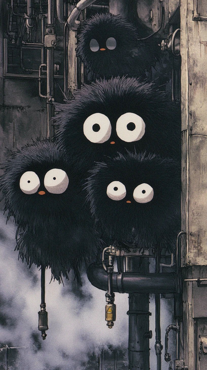 Small black fantasy creatures working in a boiler room