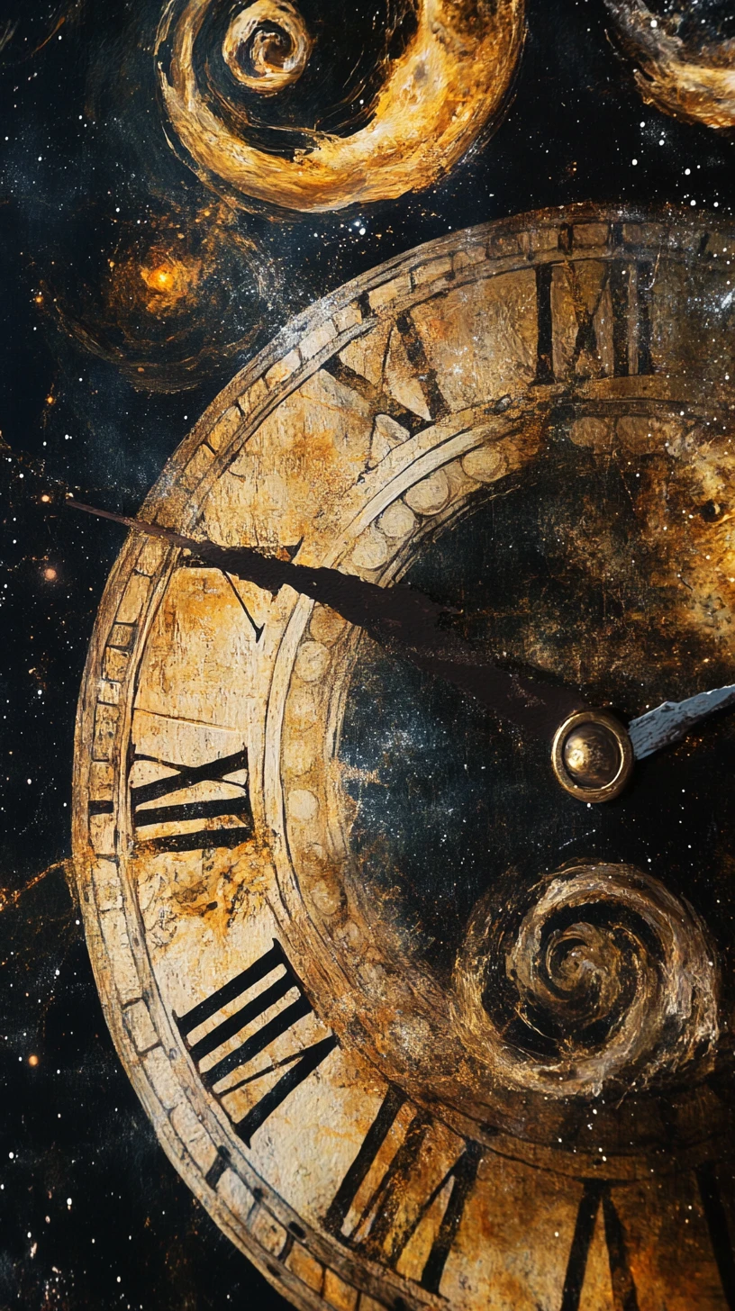 Double exposure antique clock face with swirling galaxies
