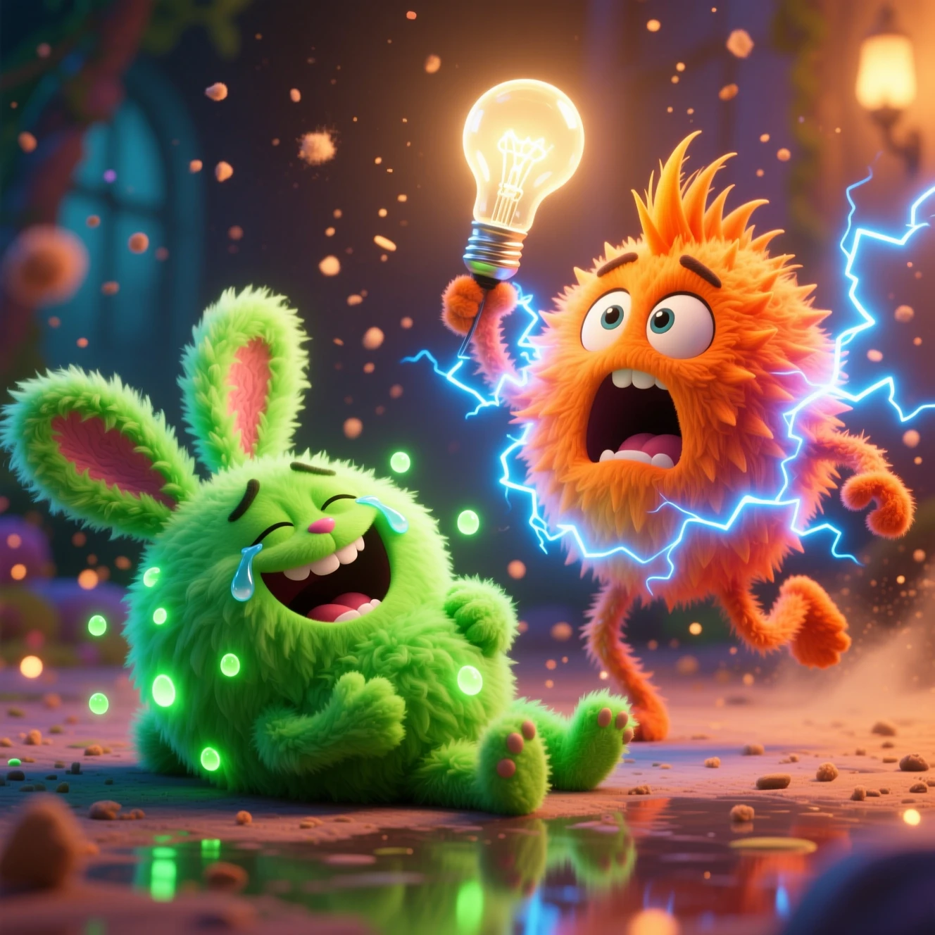 Criatura esférica peluda riendo en un interior de fantasía luminoso