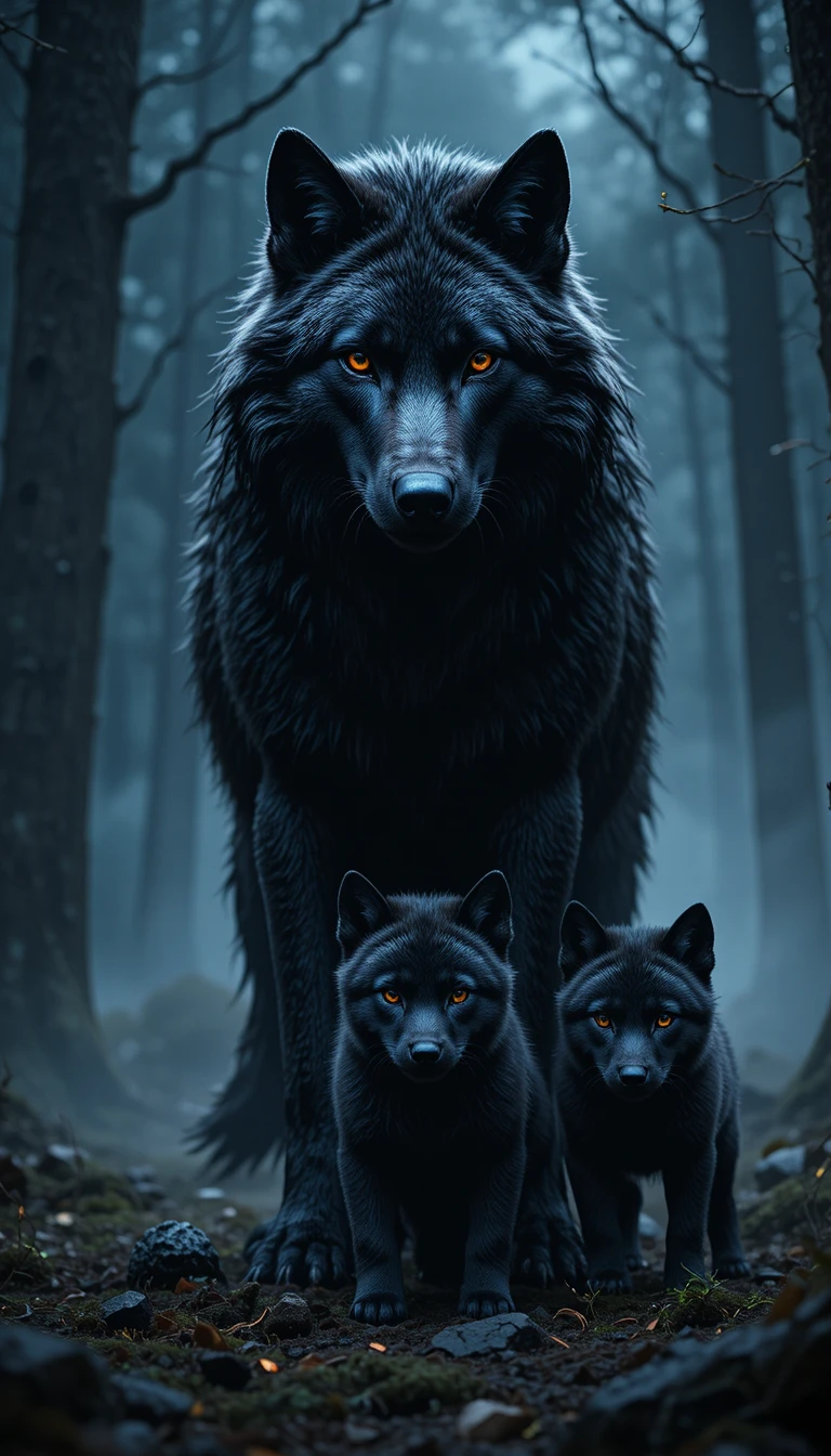Lobo negro majestoso protegendo filhotes na floresta enevoada