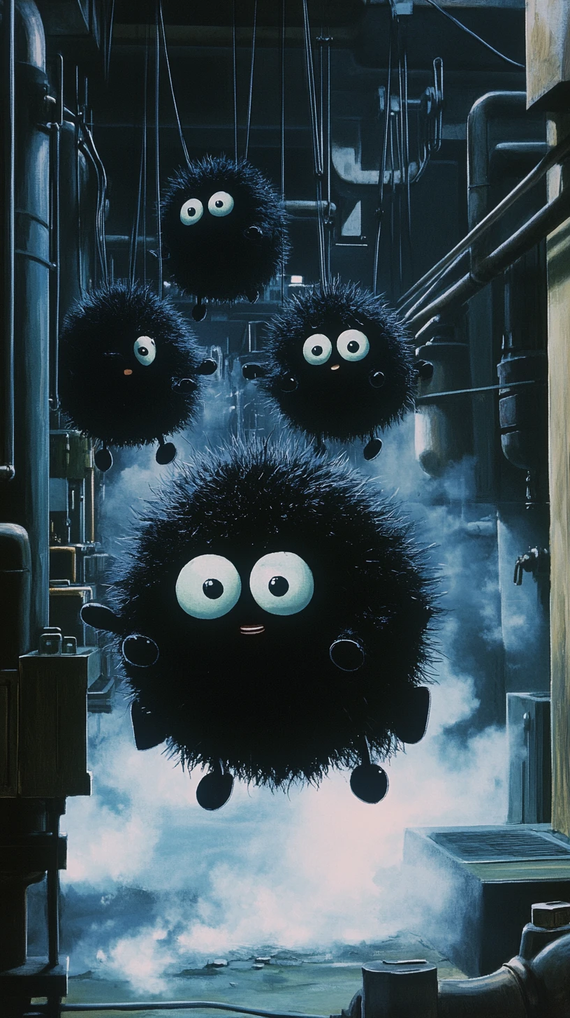 Small soot creatures working in a steaming boiler room