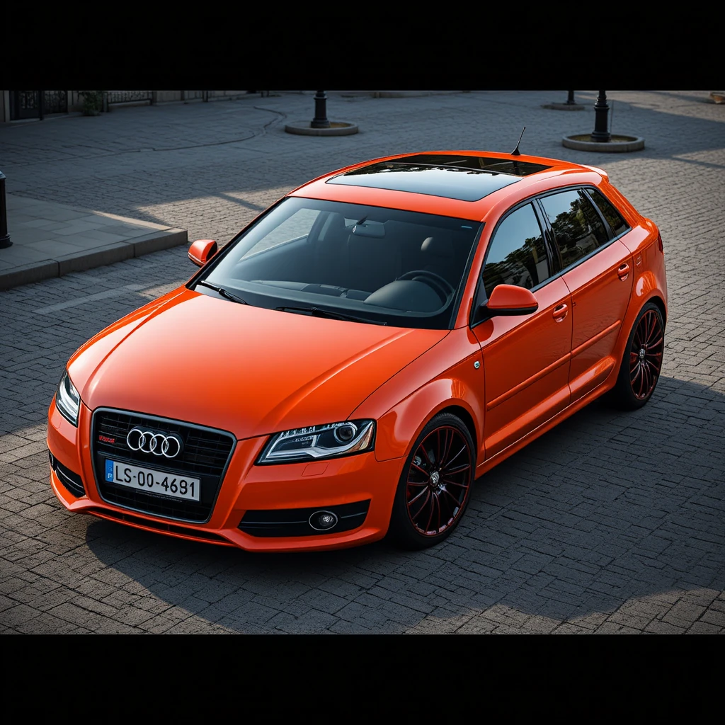 Audi A3 laranja-avermelhado com rodas pretas de 18 polegadas