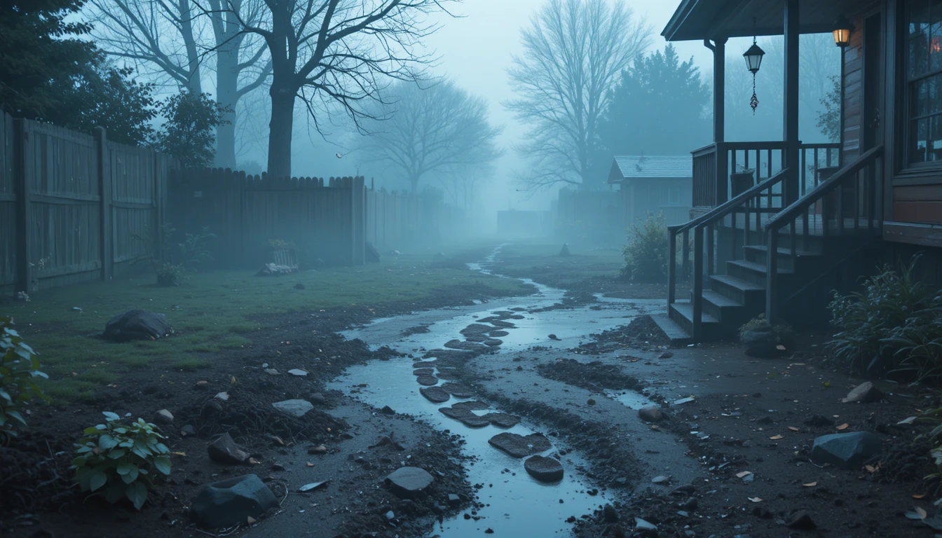 Bare footprints crossing a wet foggy backyard at dawn
