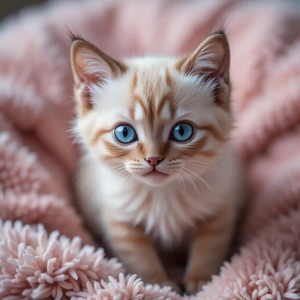 Fluffy siamese kitten with blue eyes on pink blanket