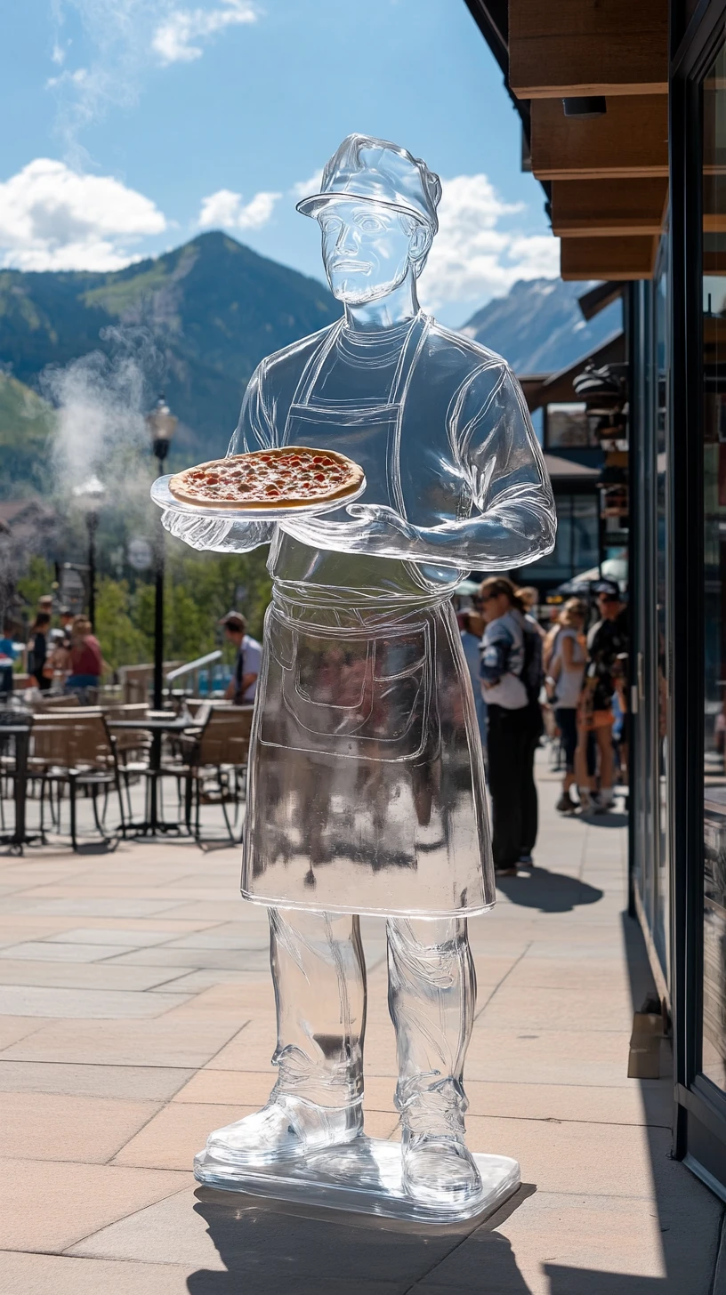 Glasstatue eines Pizzabäckers auf sonnigem Stadtgehweg